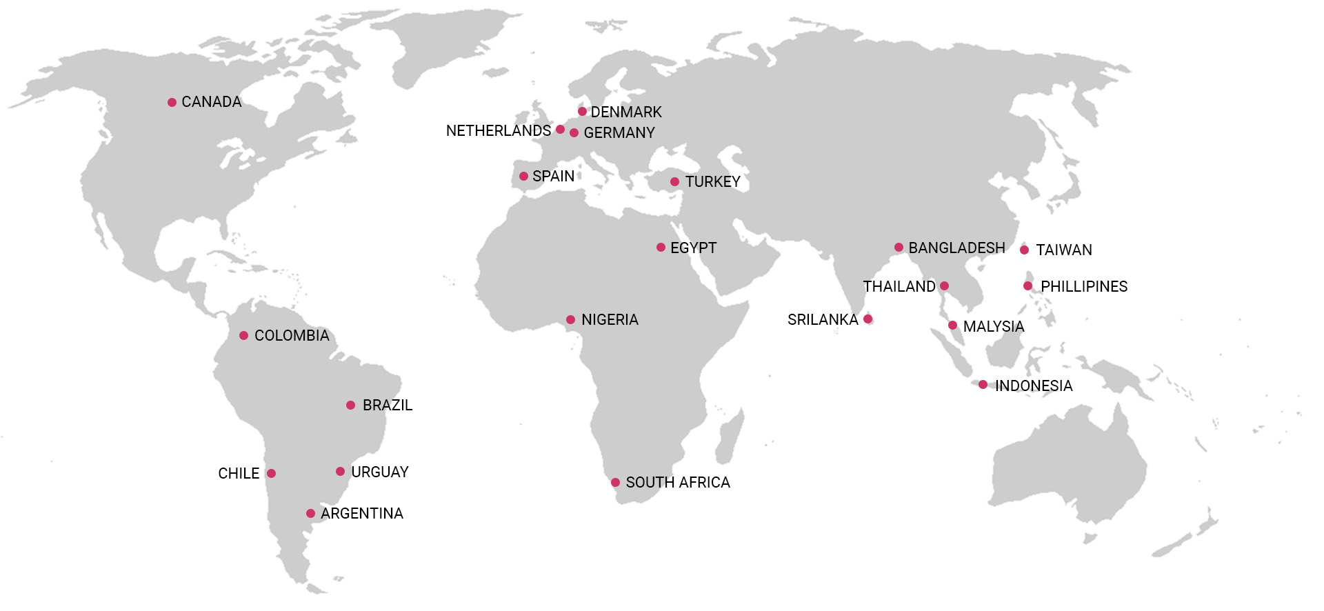 World map showing the 39 countries Agarwal Life Sciences exports Ferrous Fumarate and Ferrous Sulphate to